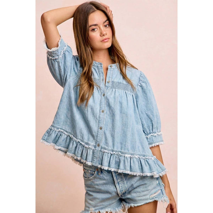Washed Light Denim Smocked Ruffled Hem Top