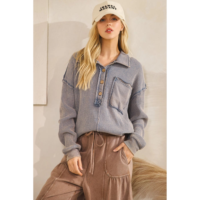 Denim Blue Vintage Waffle Henley Pullover