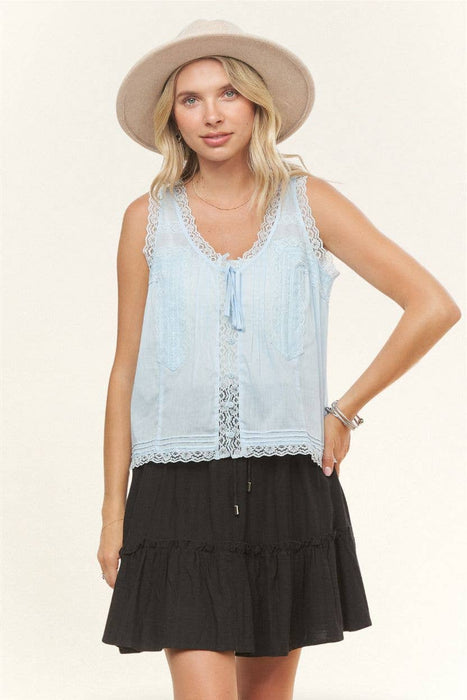 Sleeveless Front Lace Trim Blouse
