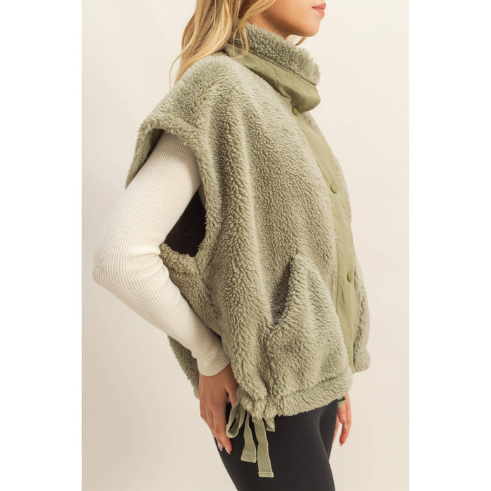 Soft Olive Cozy Sherpa Vest Jacket with Tie-Up Side Details