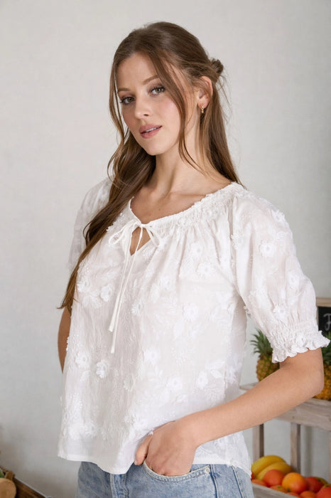 White Embroidered 3D Floral Off the Shoulder Blouse