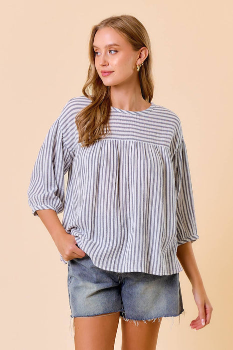 Dropped Shoulder 3/4 Sleeve Striped Blouse