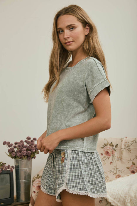 Olive Washed Short Sleeve Boxy Knit Top
