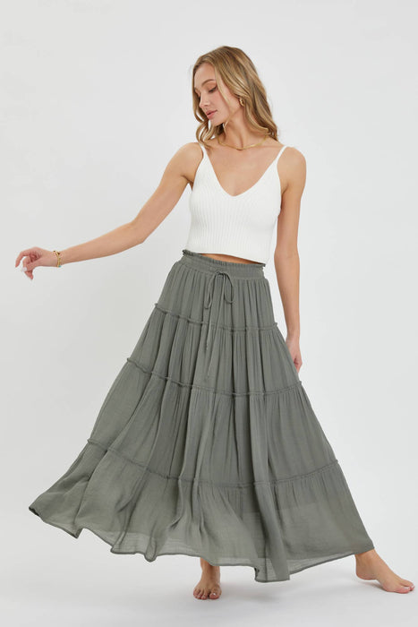Olive Flowy Tiered Maxi Skirt