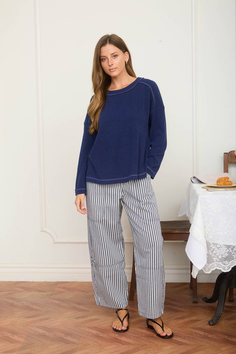 Navy Raw Edge Ribbed Long Sleeve Knit Top