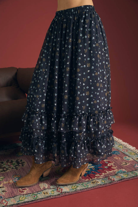 Floral Ruffled Tiered Hem Midi Skirt