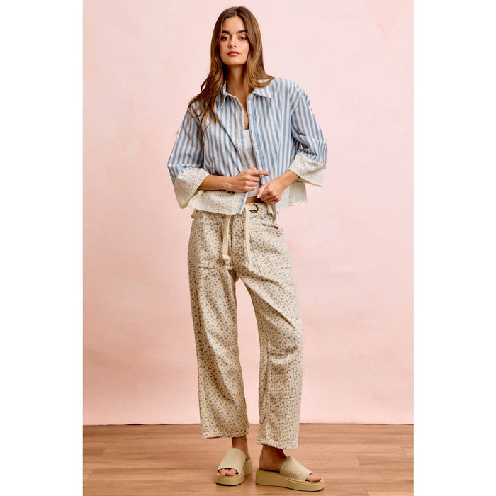 Braided Belt Patch Pocket Floral Print Pants