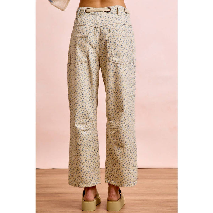 Braided Belt Patch Pocket Floral Print Pants