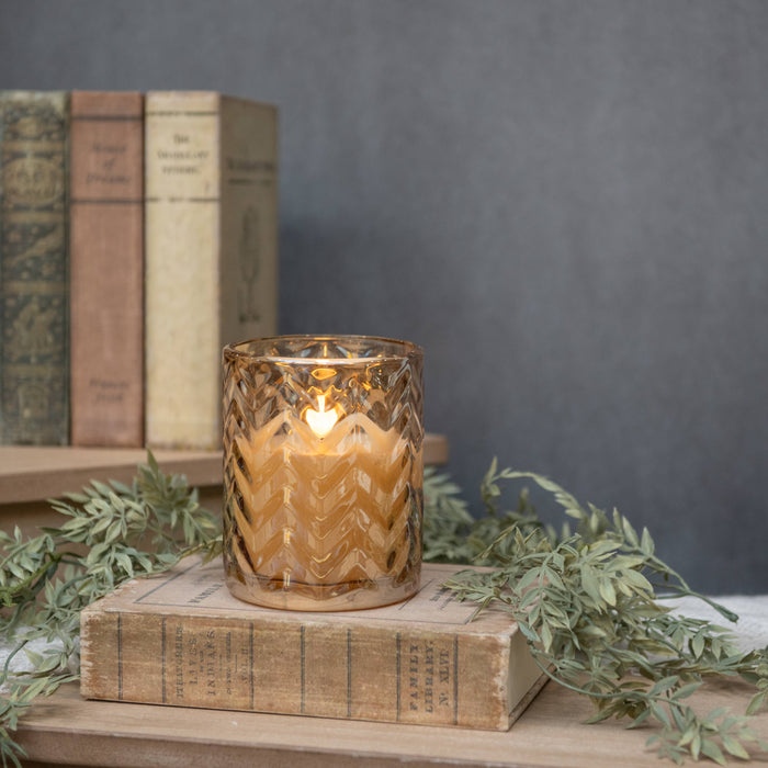 Champagne Chevron Glass 3D Flame Candle 5"