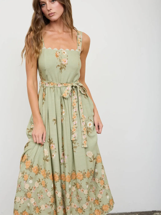 Olive Floral Border Pattern Belt Strap Midi Dress