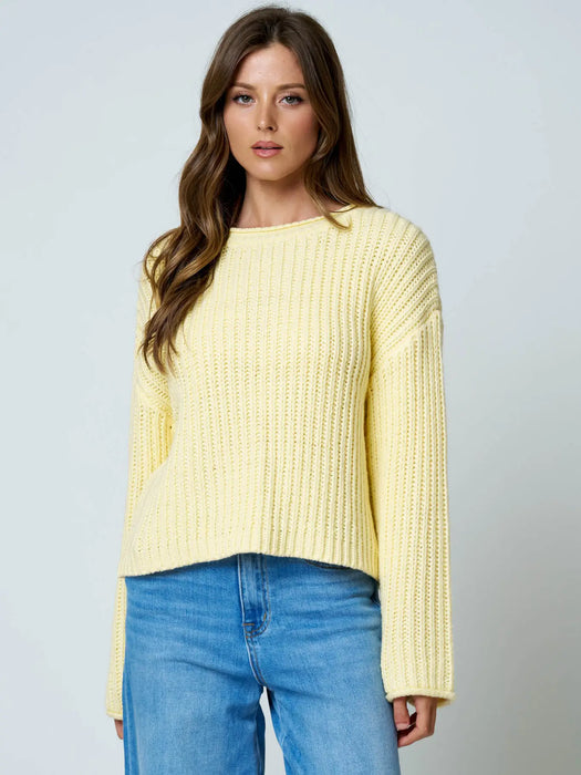 Yellow Roll Up Raw Edge Detail Long Sleeve Knit Sweater