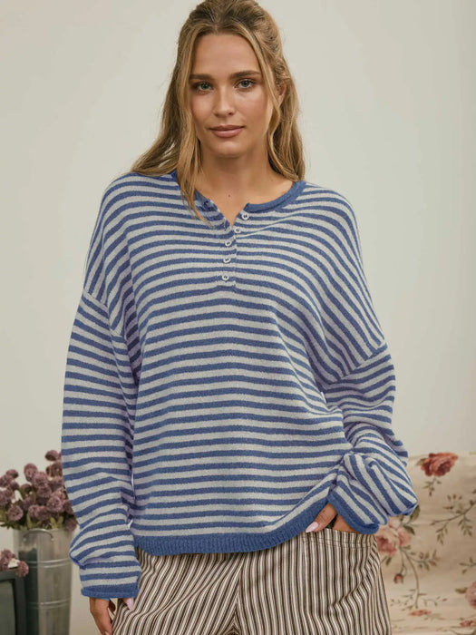 Blue Henley Stripe Drop Shoulder Sweater