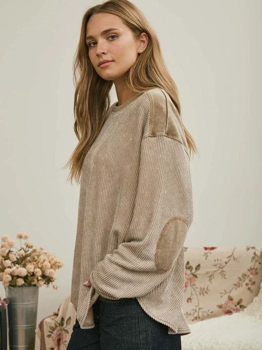 Taupe Boxy Textured Long Sleeve Washed Knit Top
