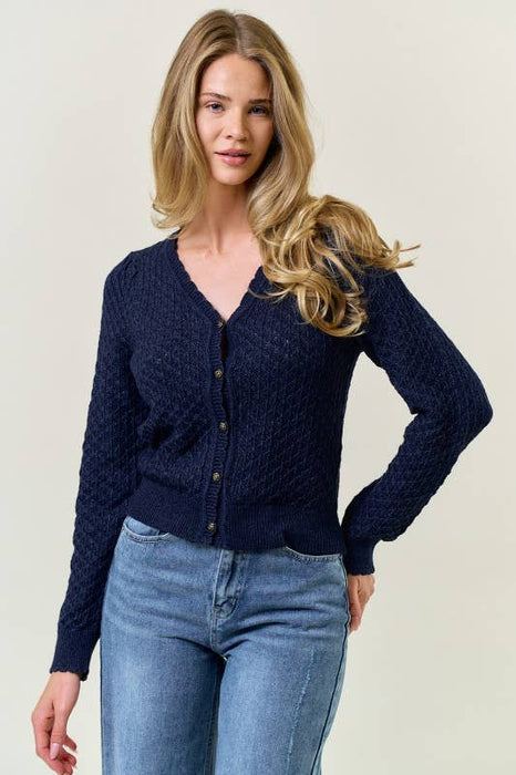 Indigo Pointelle Cardigan w/ Rose Buttons