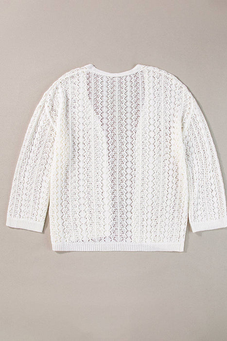 White Hollow Out Knit Drop Shoulder Cardigan