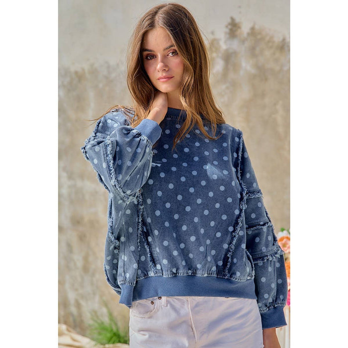 Denim Polka Dot  Frayed Edge Detail Top