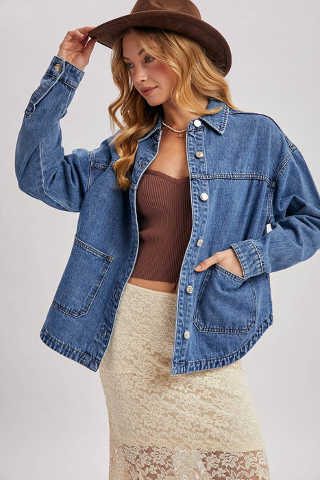 Denim Button Down Shacket w/ Pockets