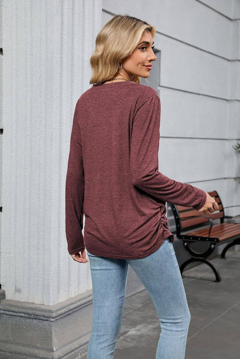 Maroon Soft V-Neck Long Sleeve Tunic Tee | Size S-2XL