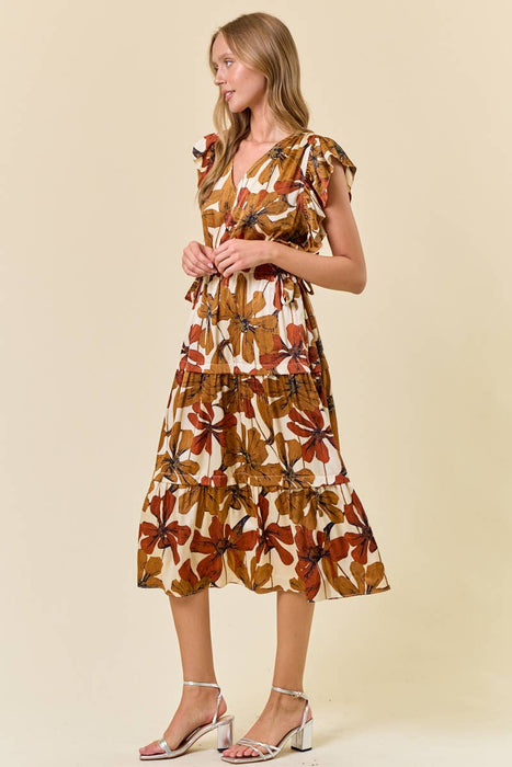 Floral Satin Ruffle Tiered Midi Dress