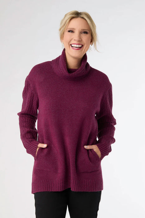 Boysenberry Heavenly-Luxe Cowl Neck Cable Sweater with Pockets