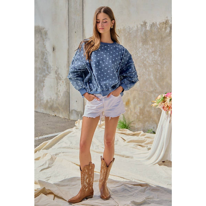 Denim Polka Dot  Frayed Edge Detail Top