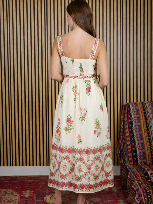 Floral Border Pattern Belt Strap Midi Dress