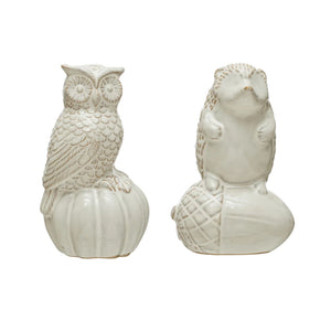 Fall Stoneware Owl on Pumpkin or Hedgehog on Acorn