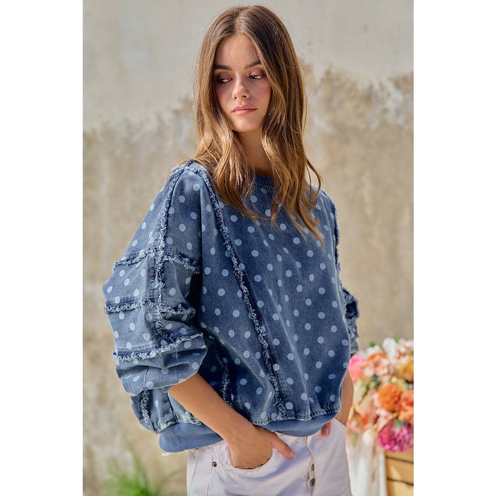 Denim Polka Dot  Frayed Edge Detail Top