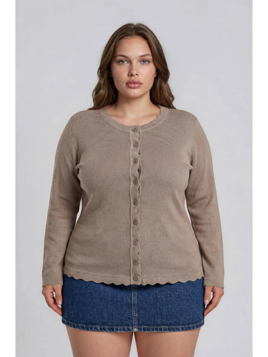 PLUS Taupe Scalloped Button Detail Long Sleeve Knit Cardigan
