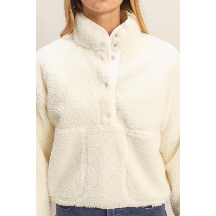 White Cozy Sherpa Half Snap CROPPED Jacket With Pockets