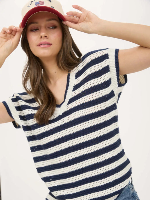 Stripe V Neck Crochet Knit Short Sleeve Sweater