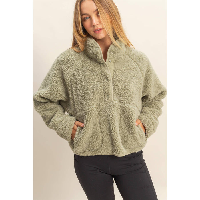 Soft Olive Sherpa Half Snap CROPPED Hoodie With Pockets