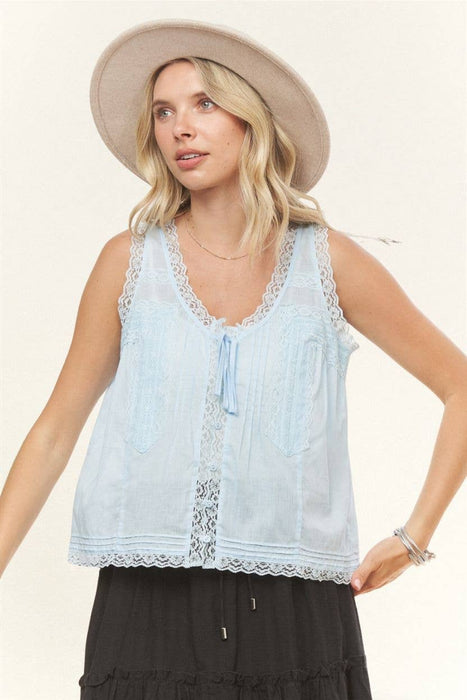 Sleeveless Front Lace Trim Blouse