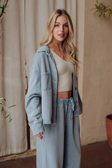 Lt. Blue Cropped Washed Soft Button Up