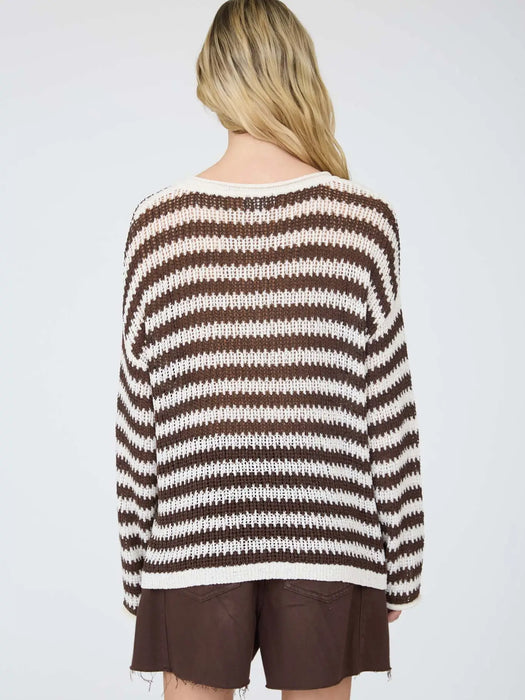 Brown/Oatmeal Stripe Raw Edge Split Neck Sheer Knit Sweater