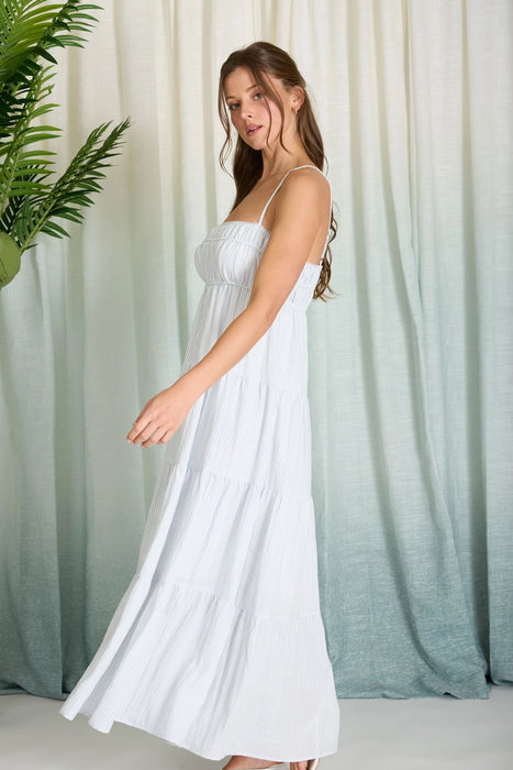 Denim Stripe Shirred Empire Waist Tiered Midi Dress