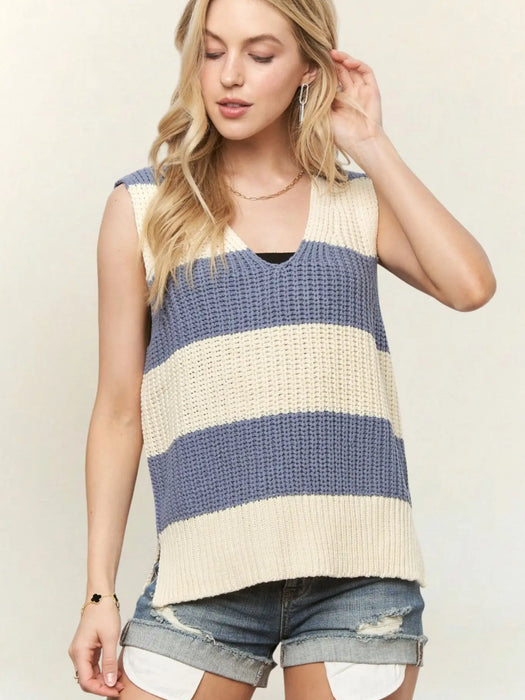Dusty Blue Sleeveless Stripe Knit Sweater Top