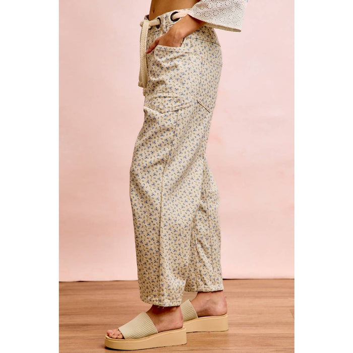 Braided Belt Patch Pocket Floral Print Pants