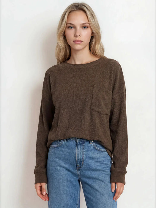 Brown Oversized Long Sleeve Textured Knit Top