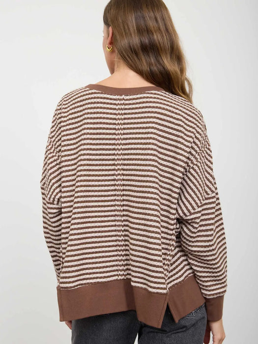 Brown Stripe Exposed Seam Long Sleeve Knit Top