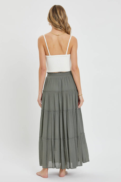 Olive Flowy Tiered Maxi Skirt