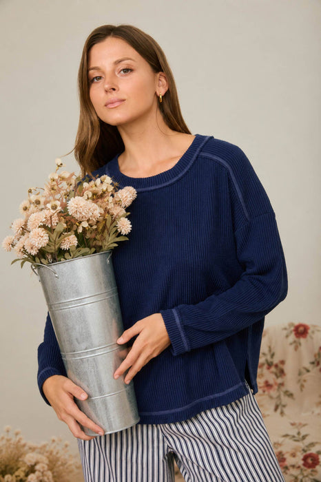Navy Raw Edge Ribbed Long Sleeve Knit Top