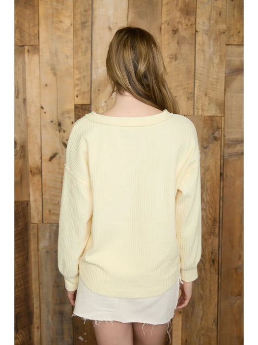 Butter Yellow Ribbed Henley Long Sleeve Exposed Seam Knit Top