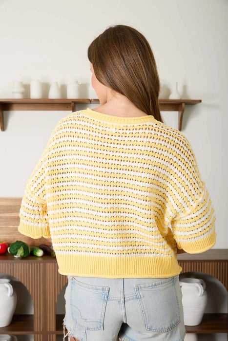 Yellow/White Stripe Short Sleeve Crochet Knit Cardigan