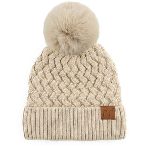 C.C. Woven Cable Knit Cuffed Pom Beanie FINAL SALE