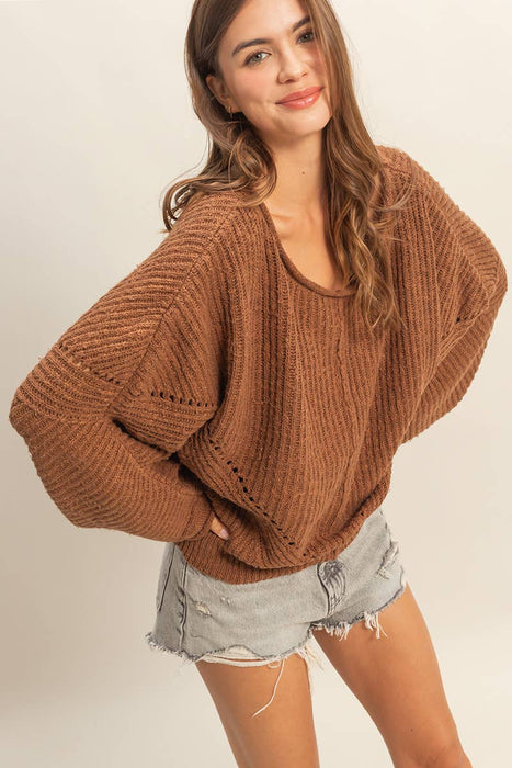 Brown Ribbed Drop Sleeve Sweater