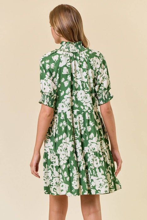 Green Floral Print Split V-Neck Puff Short Sleeve Dress