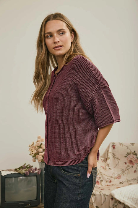 Burgundy Washed Ribbed Short Sleeve Rolled Edge Cardigan