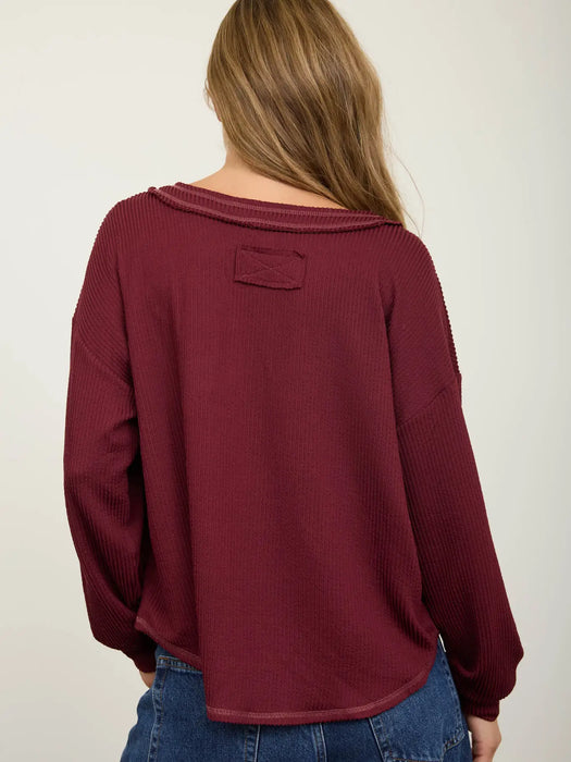 Burgundy Raw Edge V-Neck Long Sleeve Textured Knit Top