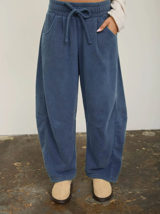 Vintage Blue Smocked Waist Drawstring Barrel Leg Sweatpants